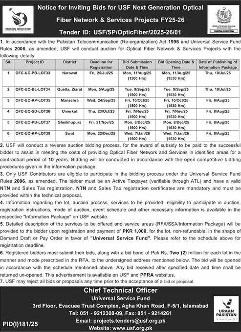 Universal Service Fund Islamabad Tender Notice